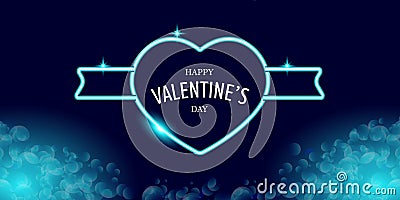 Valentines day greeting horizontal banner with blue neon heart and glowing azure petals isolated on background Vector Illustration