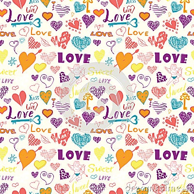 Valentines day hand drawn elements seamless pattern. Vector Illustration