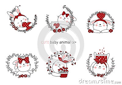 Valentines day with Hand drawn style. Cartoon sketch the lovely rabbit baby animals with Flower Vector Illustration