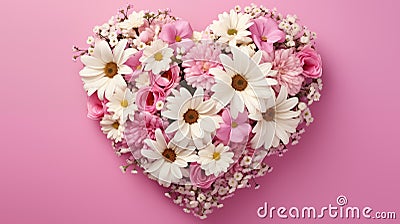 Valentines Day heart made of flowers Isolated on pink background. Concept for cards Stock Photo