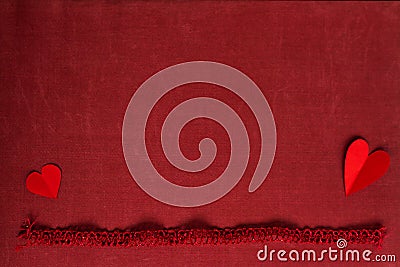 Valentines day heart on old red textile border fabric backgrounds. Template top view with copy space Stock Photo