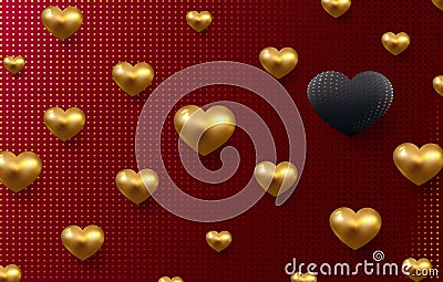 Valentines day holiday background with 3d metallic hearts in black and gold tones. Grid layout with decorative hearts on a red Vector Illustration