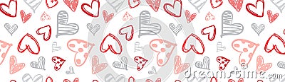 Valentines Day Horizontal Background Sketch Decoration Banner With Hand Drawn Skecth Hearts On White Vector Illustration