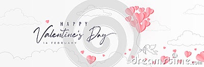 Valentines day horizontal banner with pink paper hearts and cupid on white sky background. Cute style love postcard with flying Vector Illustration