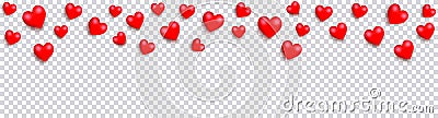 Valentines day horizontal banner with realistic hearts isolated on a transparent background Vector Illustration