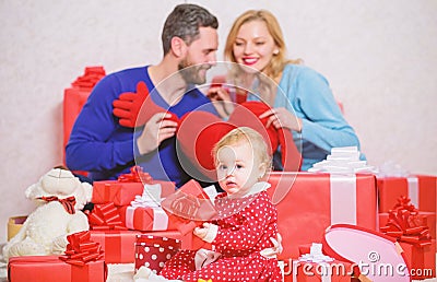 Valentines day. I give you my heart. Love and trust in family. Bearded man and woman with little girl. father, mother Stock Photo