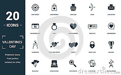 Valentines Day icon set. Monochrome sign collection with love target, love present, love cake, cupid and over icons Vector Illustration