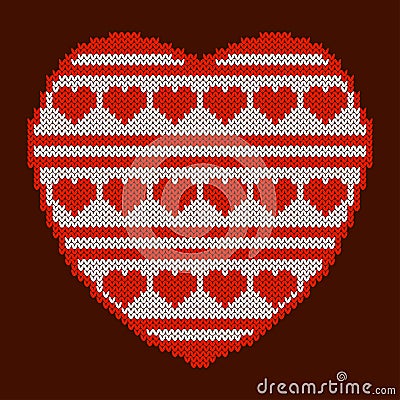 Valentines Day. Knitted texture in the shape of a heart. Pattern of hearts and stripes. White and red Stock Photo