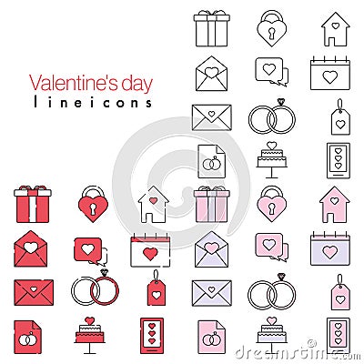 Valentines day line icon set, outline romantic sign for valentine card design, simple love symbol Vector Illustration