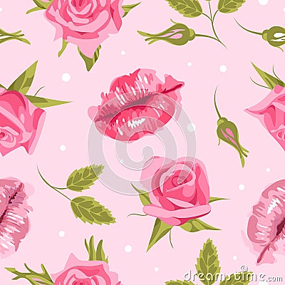 Valentines Day. lips and roses. Elegant English pink roses seamless pattern, vintage style. For weddings, wallpaper Vector Illustration