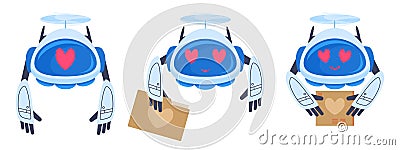 Valentines day love mail delivery drones. Cartoon romantic aerial drone, cute robots carrying love parcels, flying quadcopters Vector Illustration