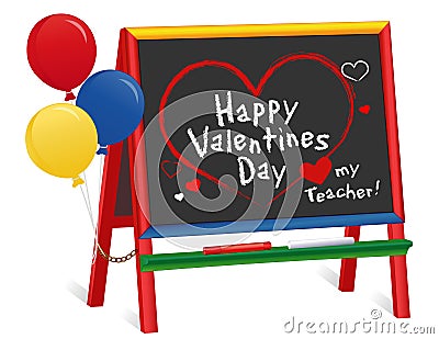 Valentines Day, Love my Teacher, Chalkboard Easel for Children, Balloons Vector Illustration