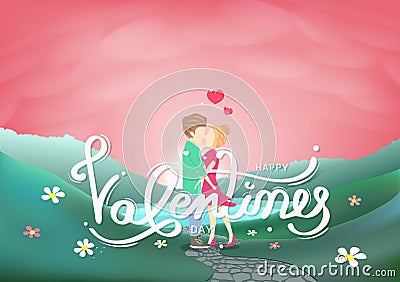 Valentines day, lover, calligraphy decoration and people characters creative greeting card, pink pastel seasonal holiday abstract Vector Illustration