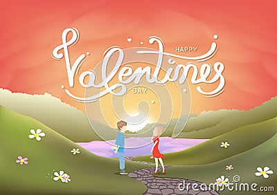 Valentines day, lovers characters, calligraphy greeting card, landscape scene, sunset in seasonal holiday abstract background Vector Illustration