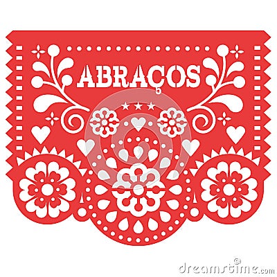 Abracos hugs in Spanish Papel Picado vector greeting card design, Valentine`s Day paper cutout decoration Mexican, love and supp Stock Photo