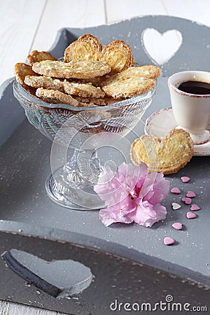 Valentines day: morning coffee and french puff pastry Stock Photo