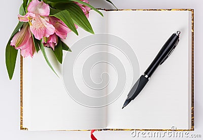 Valentines day, Mothers day composition. Love diary and fresh spring flowers. Stock Photo