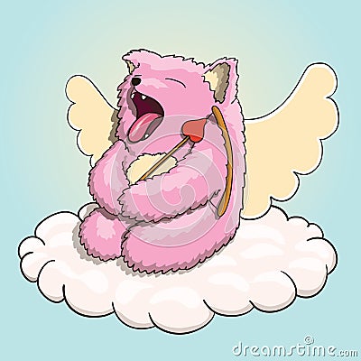 Valentines Day, Mythical Yawning Cupid Pink Cat Tired on the Cloud with Cupid Arrow and Bow Vector Illustration