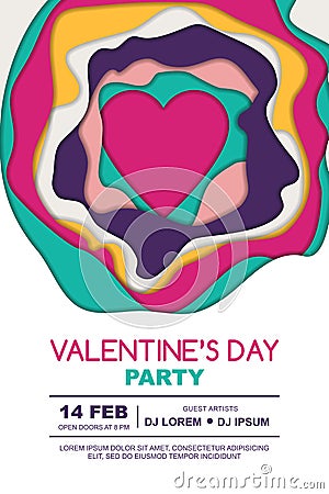 Valentines day party poster design template. Heart and 3D abstract paper cut shapes on white background. Vector Illustration