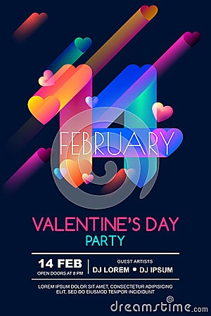 Valentines day party poster template. Colorful gradient 3d date February 14 and hearts on black background. Vector Illustration