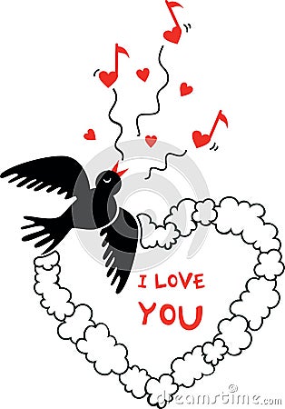 Valentines Day picture with flying bird Vector Illustration