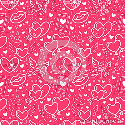 Valentines day pink seamless pattern. Love, romance flat line icons - hearts, chocolate, kiss, Cupid, doves, valentine Vector Illustration