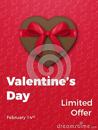 Valentines Day. Poster for Valentine`s sale, promo etc. Chocolate heart with silk bow ribbon and trendy typography Vector Illustration