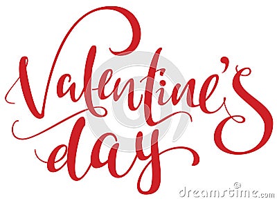 Valentines Day red handwritten ornate text isolated on white Vector Illustration