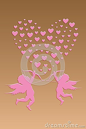 Valentines day retro background with sparkling hearts and cupids Vector Illustration