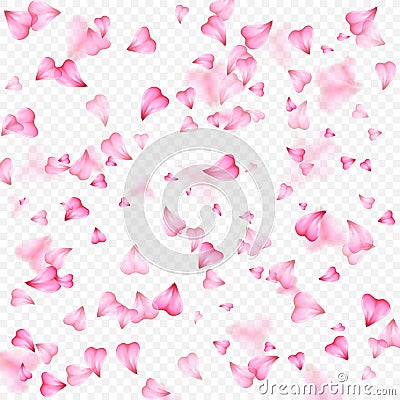 Valentines Day romantic background of pink hearts petals falling. Realistic flower petal in shape of heart confetti Vector Illustration