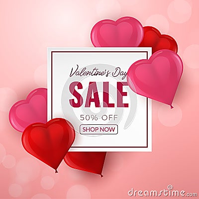 Valentines day sale background with red and pink 3d Heart Shaped Balloons. Vector illustration. Cartoon Illustration