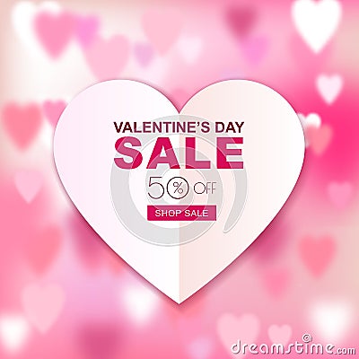 Valentines day sale banner. Blurred love background with paper heart. Vector Illustration