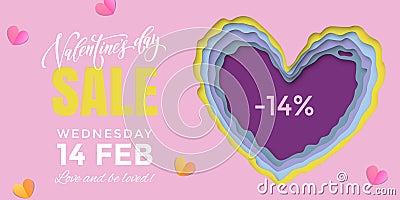 Valentines Day sale banner design template of heart papercard on pink background. Vector 14 February Valentine day holiday sale pr Vector Illustration