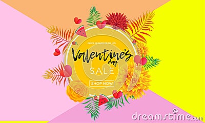 Valentines Day sale banner of hearts, yellow rose flowers and palm leaf or berry on pink background. Vector Valentine fashion shop Vector Illustration