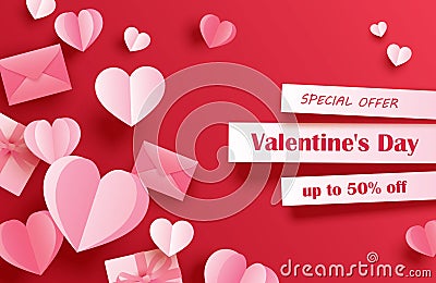 Valentines day sale banner template with paper hearts on red pastel background. Use for flyers, posters, brochures, voucher Vector Illustration