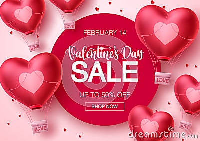 Valentines day sale hearts vector banner template. Happy valentines day sale text with heart air balloon elements Vector Illustration