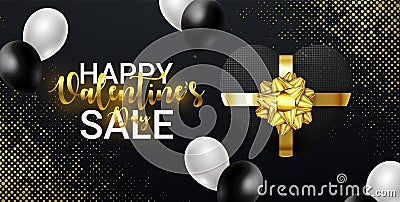 Valentines Day SALE lettering with Gift Box with gold Bow and falling Balloons. For shopping and web poster, add Vector Illustration