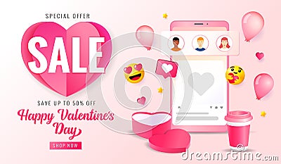 Valentines day Sale 50% off, social media web banner Vector Illustration