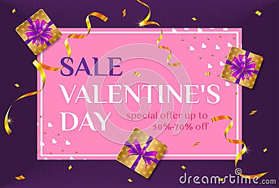 Valentines day sale poster. Banner, flyer for discounts. Gold confetti and gifts Vector Illustration