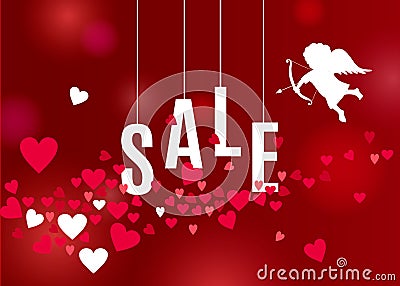 Valentines day sale poster with hearts and white cupid silhouette on red backdrop Vector Illustration