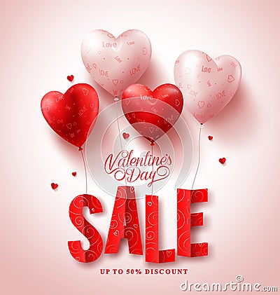 Valentines day sale vector design with red heart shape balloons in white background Vector Illustration