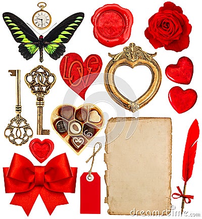 Valentines Day scrapbook. Paper pen, red hearts, golden frame Stock Photo