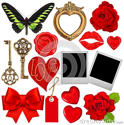 Valentines Day scrapbook. Red hearts, photo frame, lips kiss Stock Photo