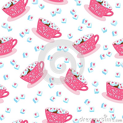 Valentines day seamless pattern with cups, hearts and small pieces of sugar Stock Photo