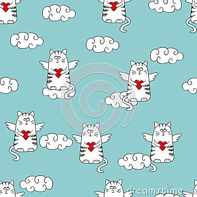 Valentines day seamless pattern with cute cupids cats. Vector Illustration