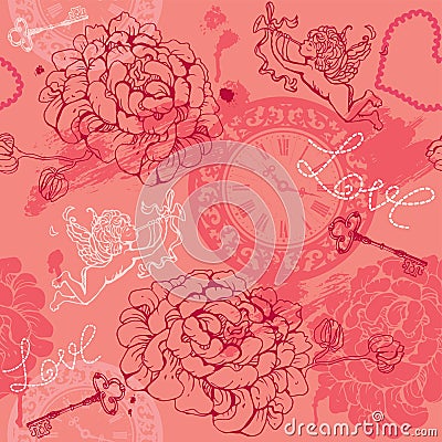 Valentines Day seamless pattern with hand drawn Cu Vector Illustration