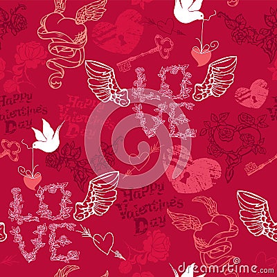 Valentines Day seamless pattern with hand drawn he Vector Illustration