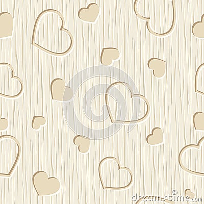 Valentines day seamless pattern with hearts carved on a wooden background. Vector illustration. Vector Illustration