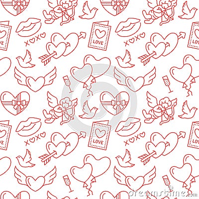 Valentines day seamless pattern. Love, romance flat line icons - hearts, chocolate, kiss, Cupid, doves, valentine card Vector Illustration