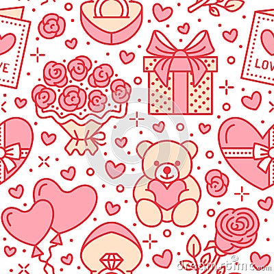 Valentines day seamless pattern. Love, romance flat line icons - hearts, chocolate, teddy bear, engagement ring Vector Illustration